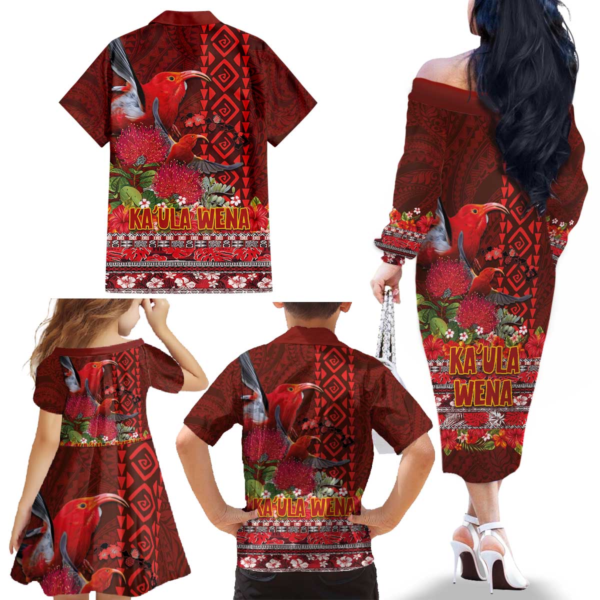 Hawaii KaʻUla Wena ʻIʻiwi Family Matching Off The Shoulder Long Sleeve Dress and Hawaiian Shirt With Tropical Plants and 'Ohi'a lehua Kakau Art Tattoo