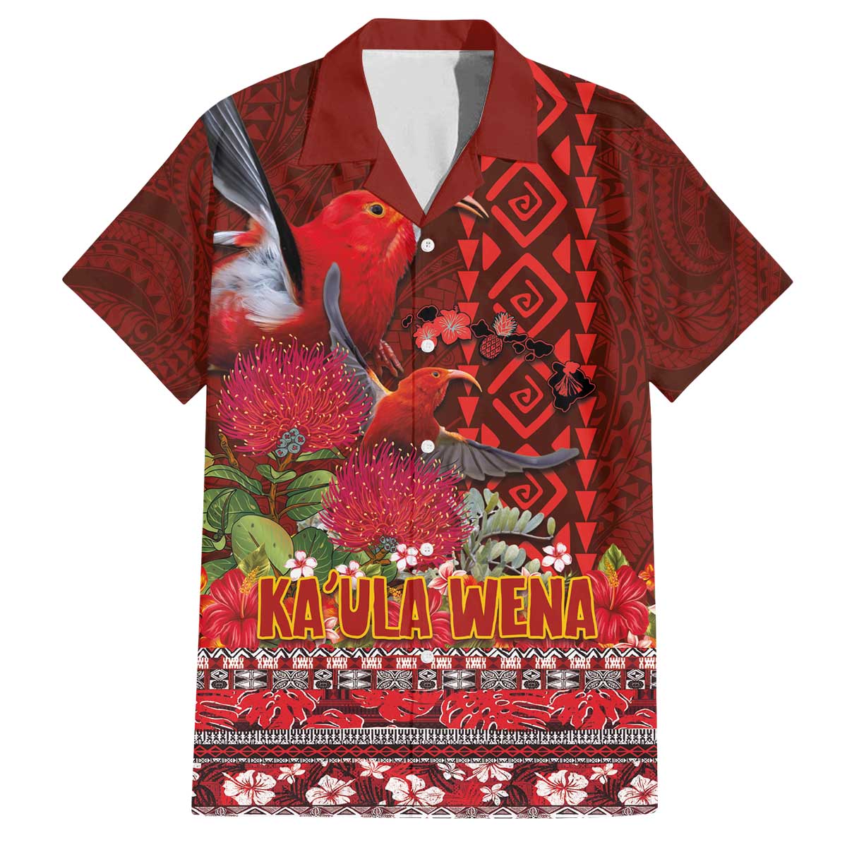 Hawaii KaʻUla Wena ʻIʻiwi Family Matching Off The Shoulder Long Sleeve Dress and Hawaiian Shirt With Tropical Plants and 'Ohi'a lehua Kakau Art Tattoo