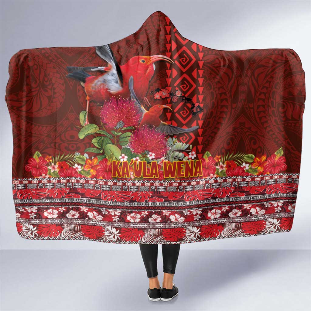 Hawaii KaʻUla Wena ʻIʻiwi Hooded Blanket With Tropical Plants and 'Ohi'a lehua Kakau Art Tattoo