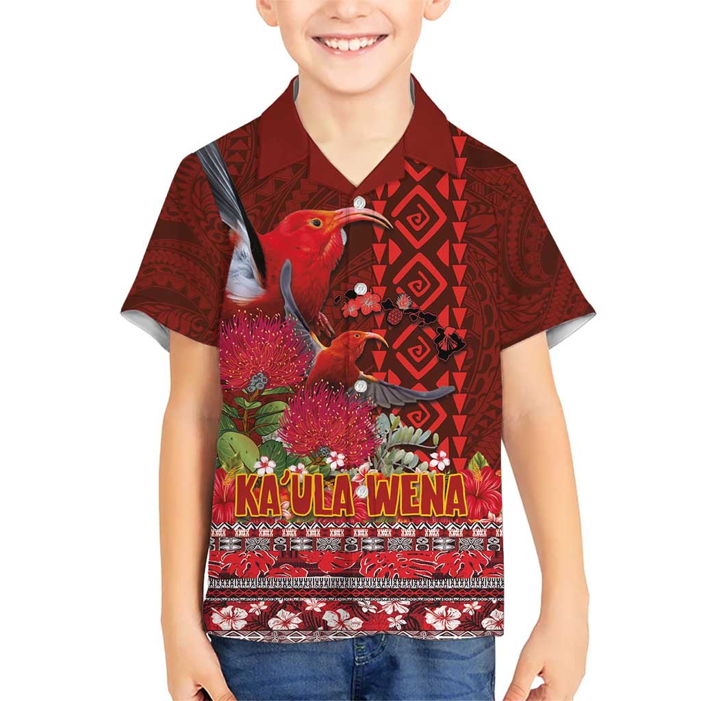 Hawaii KaʻUla Wena ʻIʻiwi Kid Hawaiian Shirt With Tropical Plants and 'Ohi'a lehua Kakau Art Tattoo