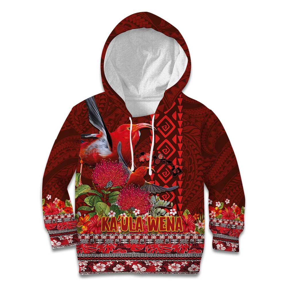 Hawaii KaʻUla Wena ʻIʻiwi Kid Hoodie With Tropical Plants and 'Ohi'a lehua Kakau Art Tattoo