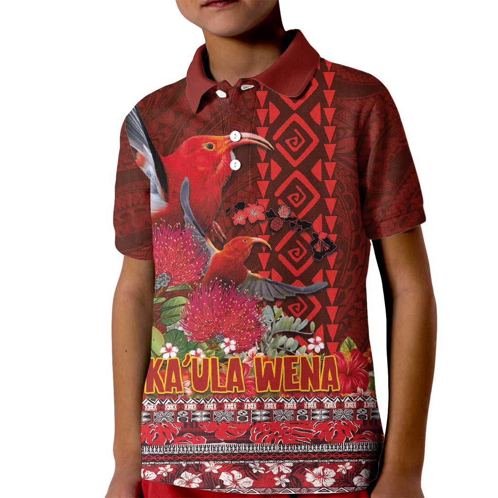 Hawaii KaʻUla Wena ʻIʻiwi Kid Polo Shirt With Tropical Plants and 'Ohi'a lehua Kakau Art Tattoo