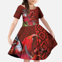 Hawaii KaUla Wena Iiwi Kid Short Sleeve Dress With Tropical Plants and 'Ohi'a lehua Kakau Art Tattoo LT03 KID Red - Polynesian Pride