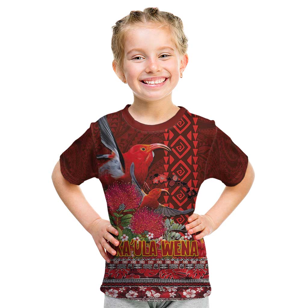 Hawaii KaʻUla Wena ʻIʻiwi Kid T Shirt With Tropical Plants and 'Ohi'a lehua Kakau Art Tattoo