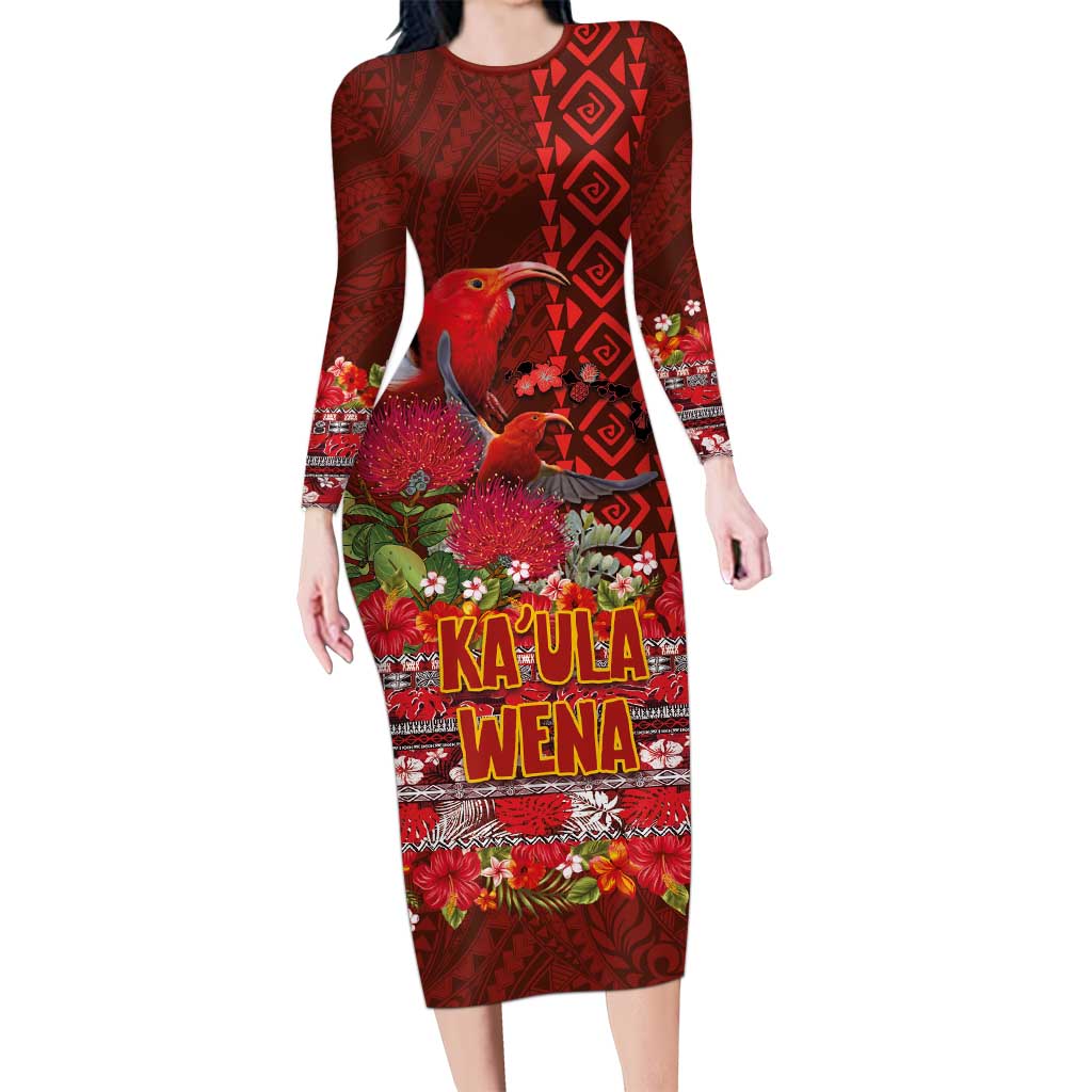 Hawaii KaUla Wena Iiwi Long Sleeve Bodycon Dress With Tropical Plants and 'Ohi'a lehua Kakau Art Tattoo LT03 Long Dress Red - Polynesian Pride