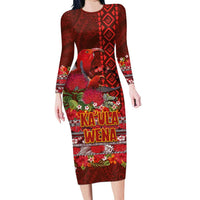 Hawaii KaUla Wena Iiwi Long Sleeve Bodycon Dress With Tropical Plants and 'Ohi'a lehua Kakau Art Tattoo LT03 Long Dress Red - Polynesian Pride