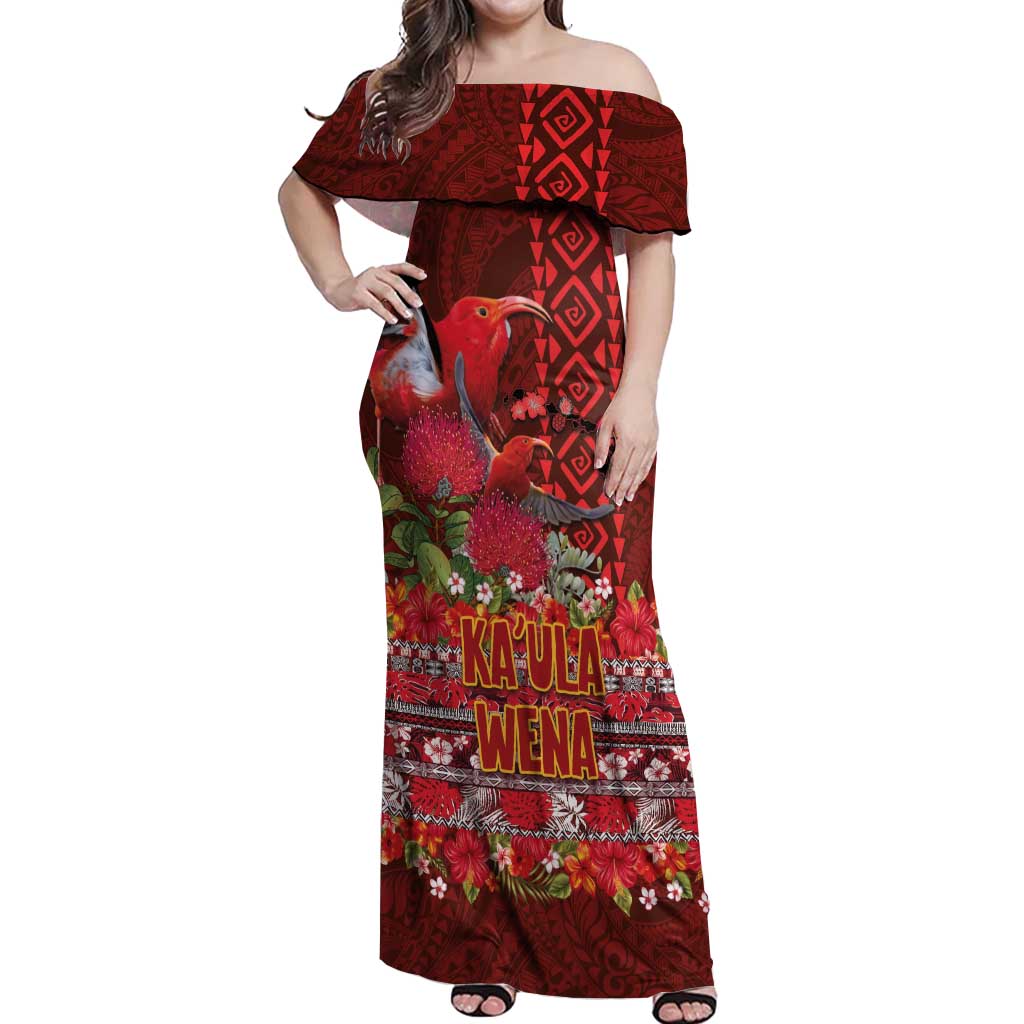 Hawaii KaʻUla Wena ʻIʻiwi Off Shoulder Maxi Dress With Tropical Plants and 'Ohi'a lehua Kakau Art Tattoo