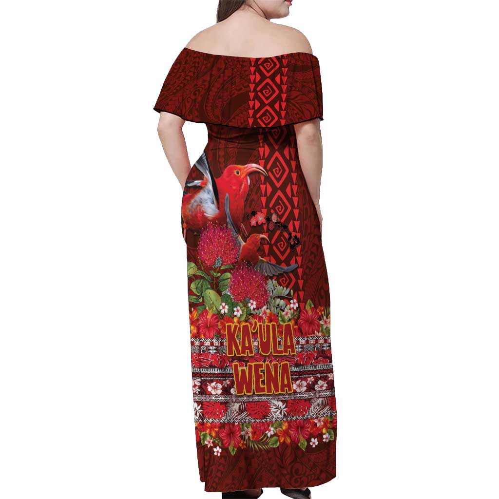 Hawaii KaUla Wena Iiwi Off Shoulder Maxi Dress With Tropical Plants and 'Ohi'a lehua Kakau Art Tattoo LT03 - Polynesian Pride