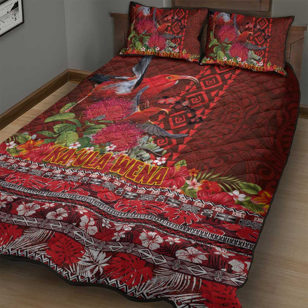 Hawaii KaʻUla Wena ʻIʻiwi Quilt Bed Set With Tropical Plants and 'Ohi'a lehua Kakau Art Tattoo