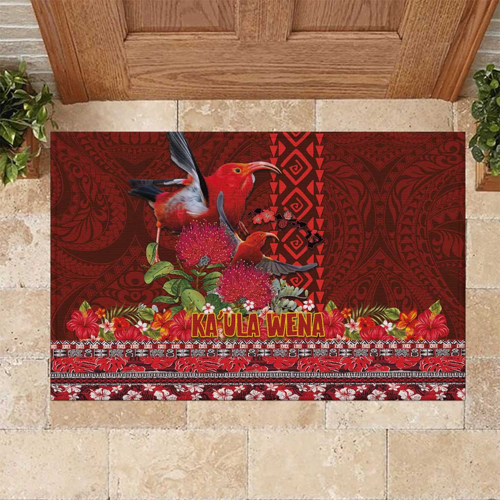 Hawaii KaʻUla Wena ʻIʻiwi Rubber Doormat With Tropical Plants and 'Ohi'a lehua Kakau Art Tattoo