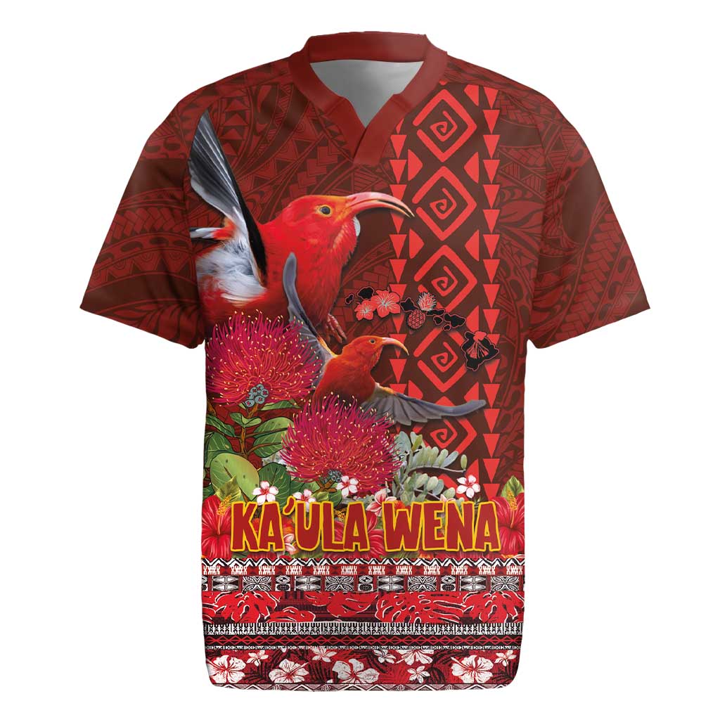 Hawaii KaʻUla Wena ʻIʻiwi Rugby Jersey With Tropical Plants and 'Ohi'a lehua Kakau Art Tattoo