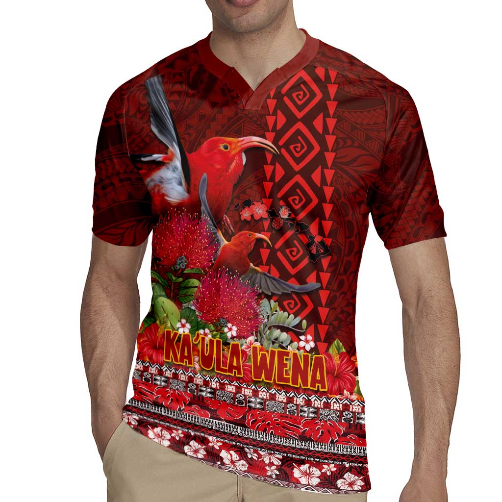 Hawaii KaʻUla Wena ʻIʻiwi Rugby Jersey With Tropical Plants and 'Ohi'a lehua Kakau Art Tattoo
