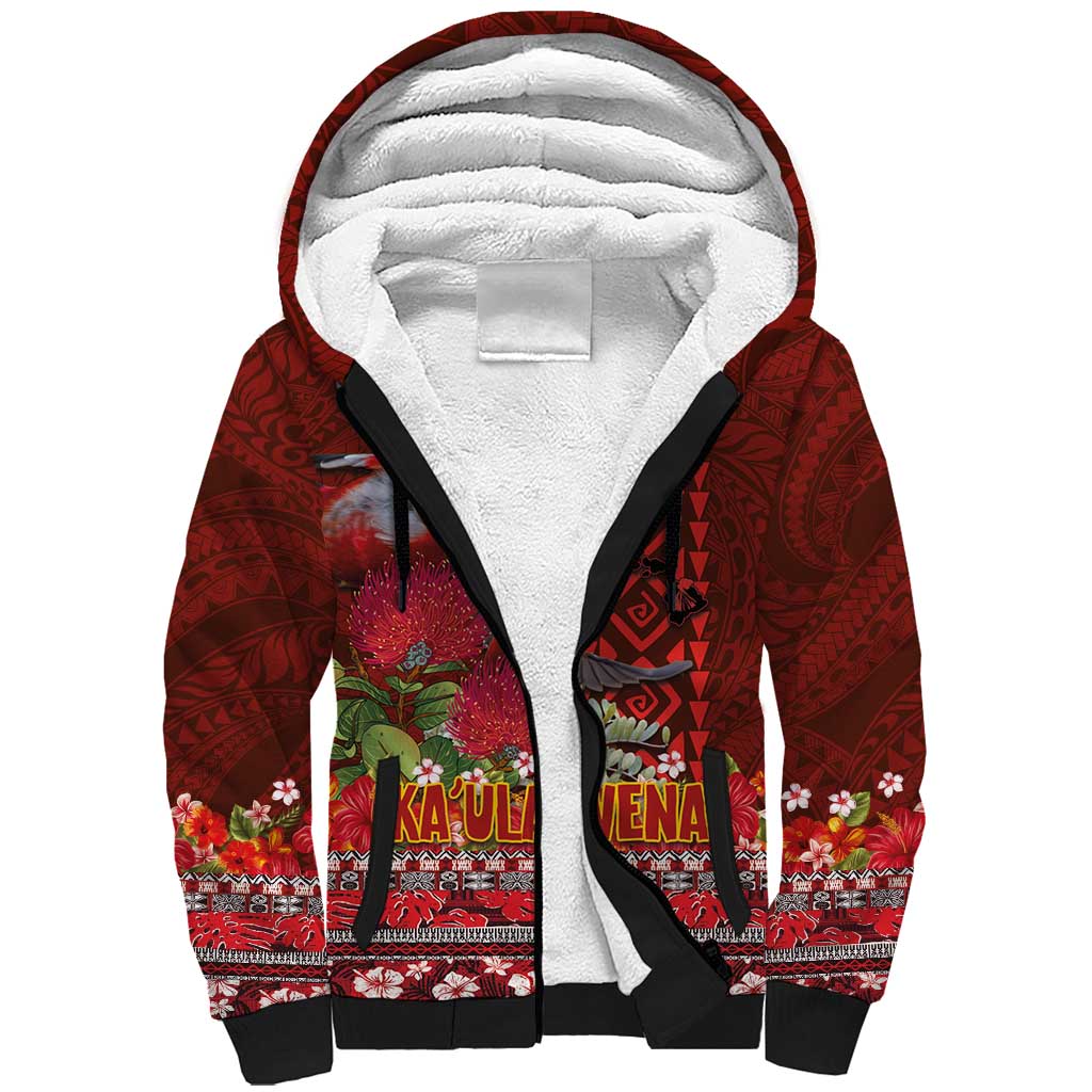 Hawaii KaʻUla Wena ʻIʻiwi Sherpa Hoodie With Tropical Plants and 'Ohi'a lehua Kakau Art Tattoo