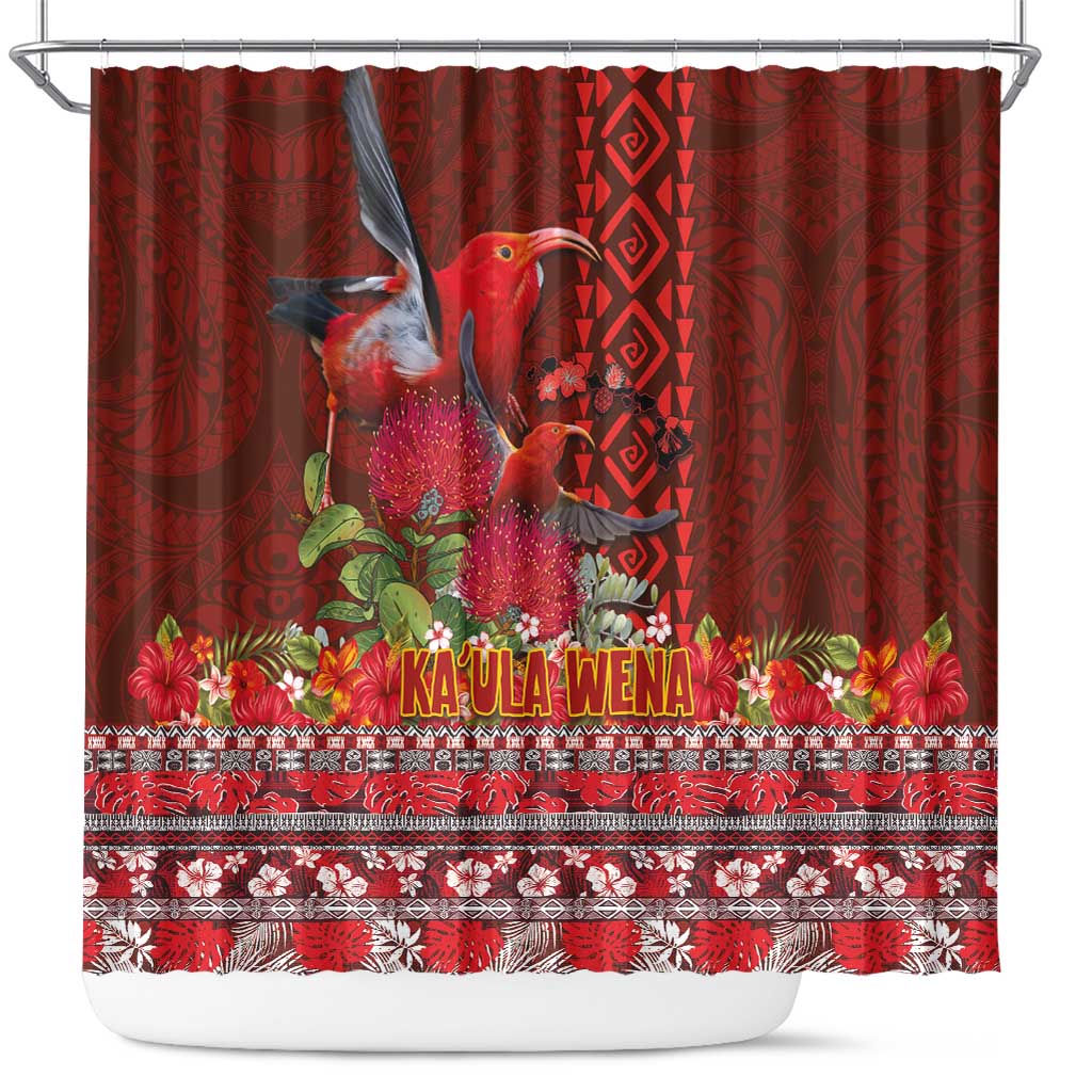 Hawaii KaʻUla Wena ʻIʻiwi Shower Curtain With Tropical Plants and 'Ohi'a lehua Kakau Art Tattoo