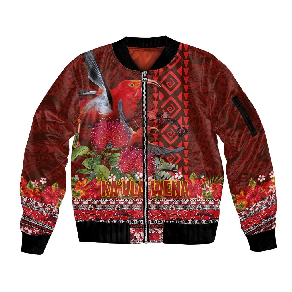 Hawaii KaʻUla Wena ʻIʻiwi Sleeve Zip Bomber Jacket With Tropical Plants and 'Ohi'a lehua Kakau Art Tattoo