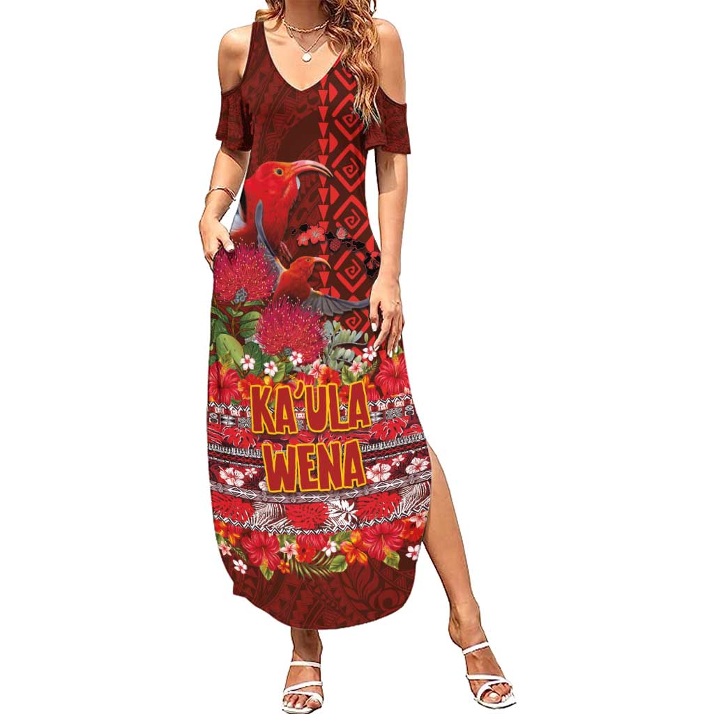 Hawaii KaʻUla Wena ʻIʻiwi Summer Maxi Dress With Tropical Plants and 'Ohi'a lehua Kakau Art Tattoo