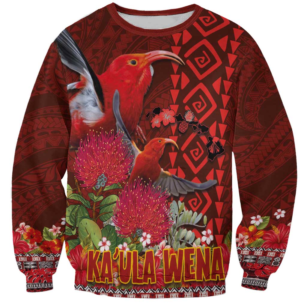 Hawaii KaʻUla Wena ʻIʻiwi Sweatshirt With Tropical Plants and 'Ohi'a lehua Kakau Art Tattoo