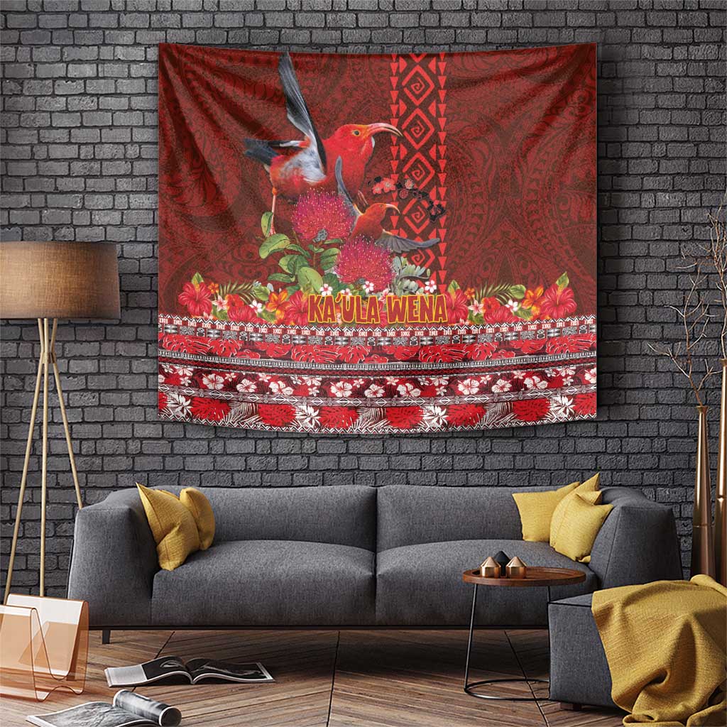 Hawaii KaʻUla Wena ʻIʻiwi Tapestry With Tropical Plants and 'Ohi'a lehua Kakau Art Tattoo