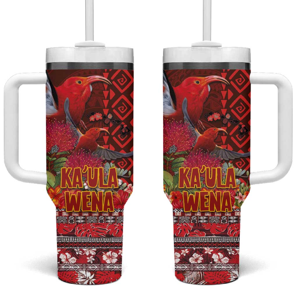 Hawaii KaʻUla Wena ʻIʻiwi Tumbler With Handle With Tropical Plants and 'Ohi'a lehua Kakau Art Tattoo