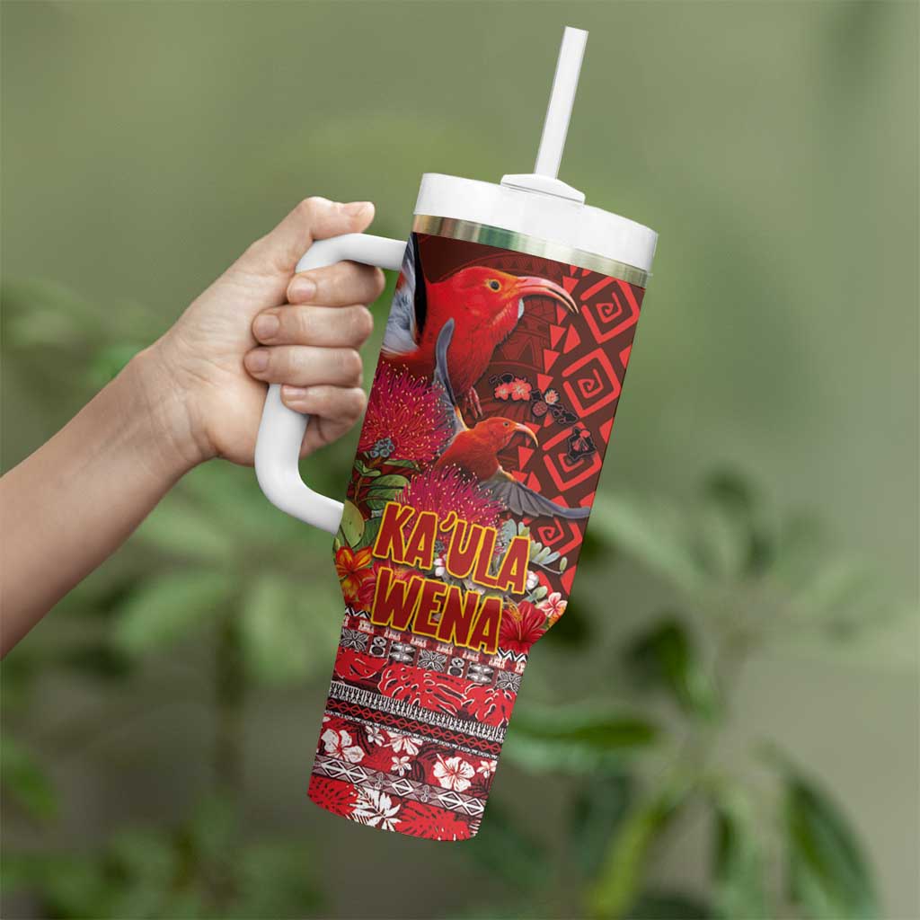 Hawaii KaʻUla Wena ʻIʻiwi Tumbler With Handle With Tropical Plants and 'Ohi'a lehua Kakau Art Tattoo