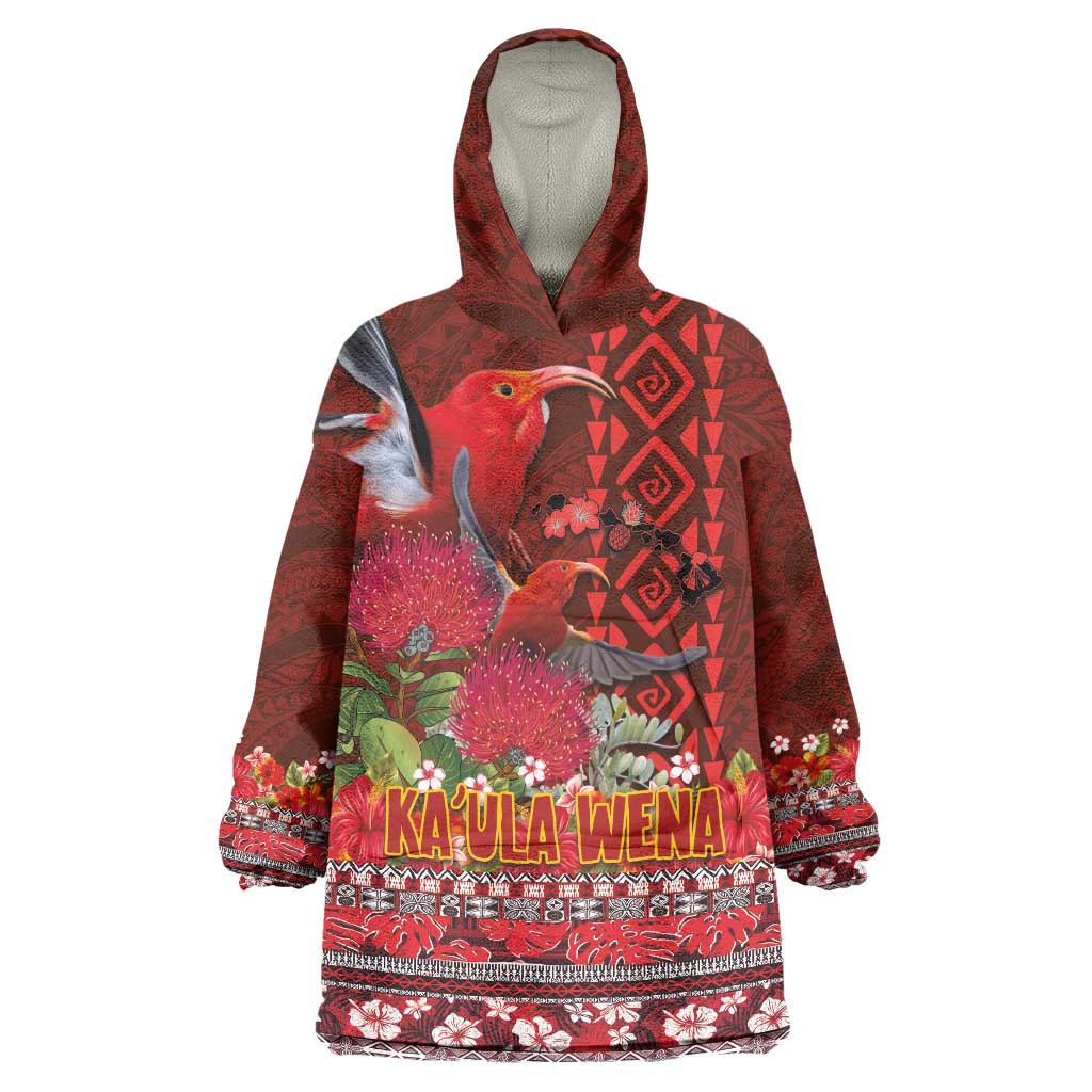 Hawaii KaʻUla Wena ʻIʻiwi Wearable Blanket Hoodie With Tropical Plants and 'Ohi'a lehua Kakau Art Tattoo