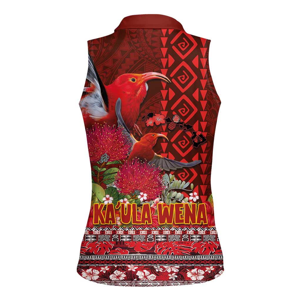 Hawaii KaʻUla Wena ʻIʻiwi Women Sleeveless Polo Shirt With Tropical Plants and 'Ohi'a lehua Kakau Art Tattoo