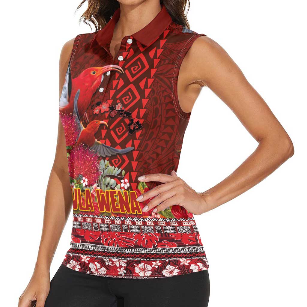 Hawaii KaʻUla Wena ʻIʻiwi Women Sleeveless Polo Shirt With Tropical Plants and 'Ohi'a lehua Kakau Art Tattoo