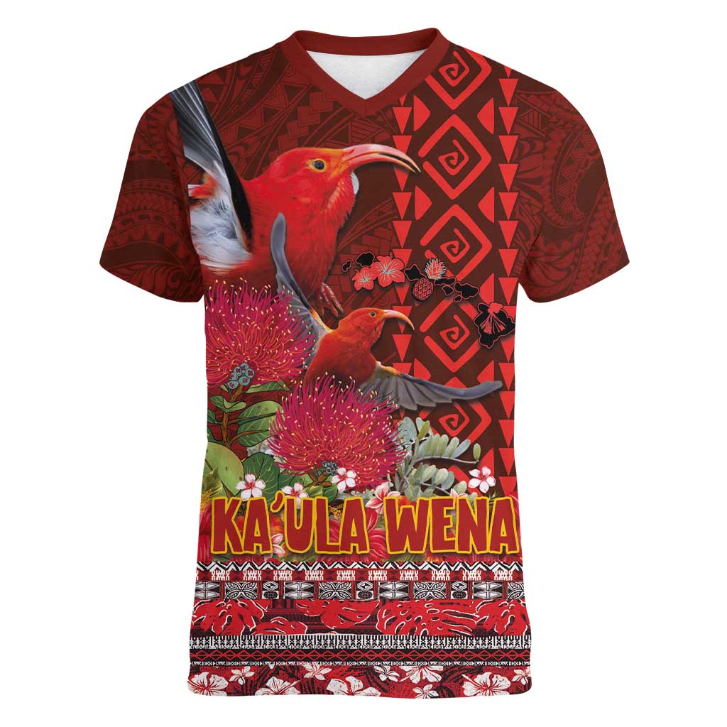 Hawaii KaʻUla Wena ʻIʻiwi Women V-Neck T-Shirt With Tropical Plants and 'Ohi'a lehua Kakau Art Tattoo