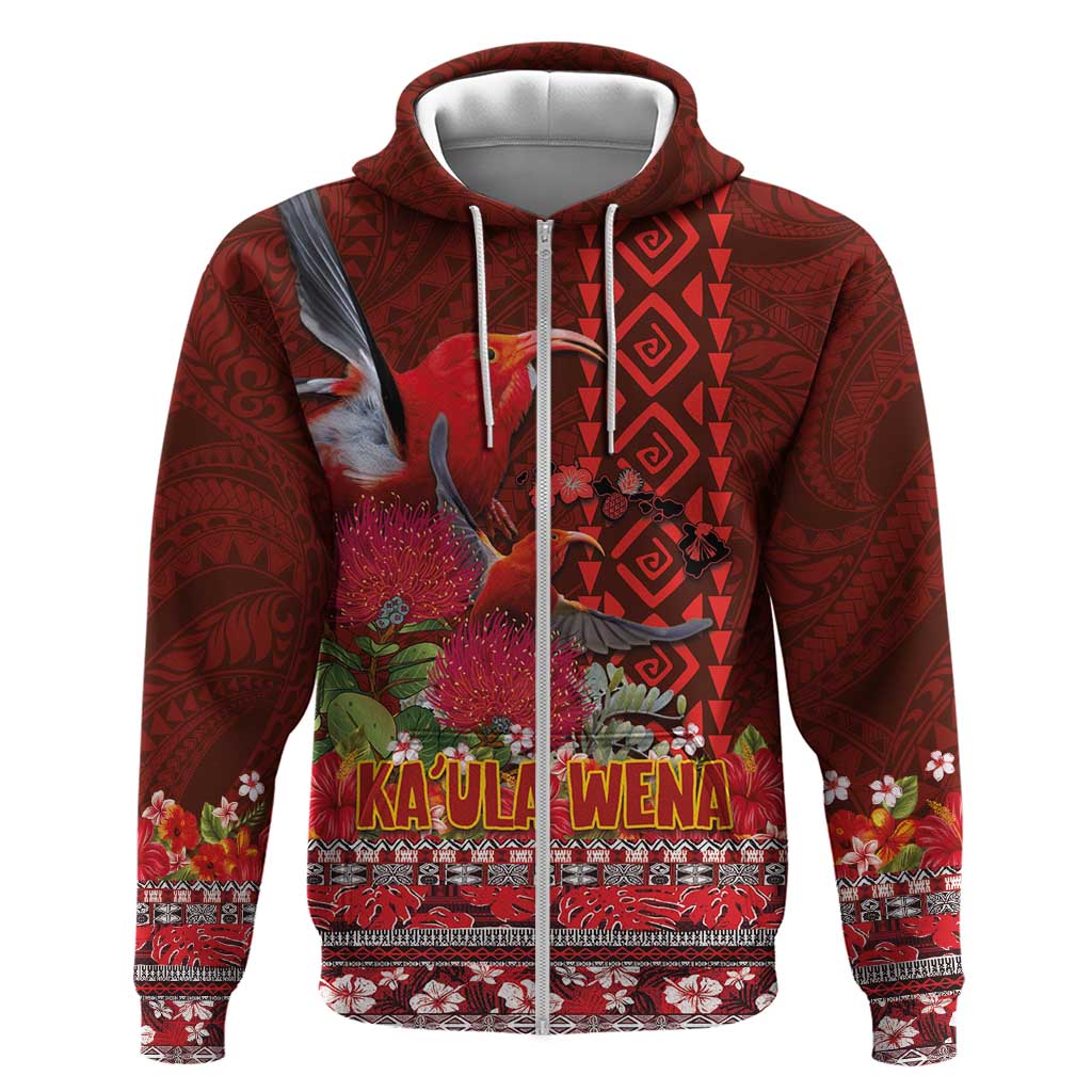 Hawaii KaʻUla Wena ʻIʻiwi Zip Hoodie With Tropical Plants and 'Ohi'a lehua Kakau Art Tattoo