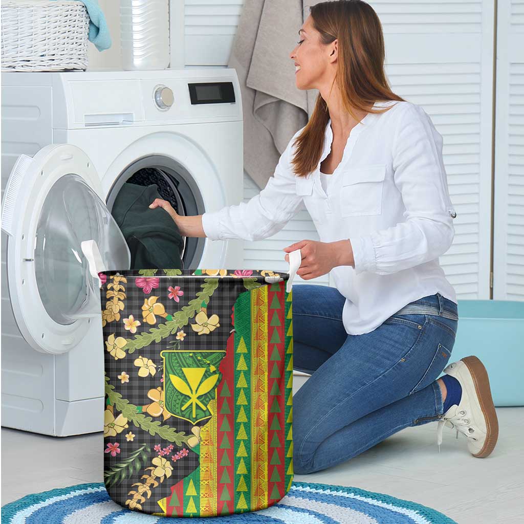 Hawaiian Tropical Plants Lei Laundry Basket Kanaka Maoli Tribal with Palaka Motifs - Polynesian Pride