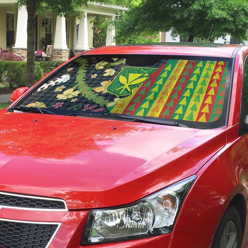 Hawaiian Tropical Plants Lei Auto Sun Shade Kanaka Maoli Tribal with Palaka Motifs - Polynesian Pride