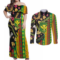 Hawaiian Tropical Plants Lei Couples Matching Off Shoulder Maxi Dress and Long Sleeve Button Shirt Kanaka Maoli Tribal with Palaka Motifs LT03 Multicolor - Polynesian Pride