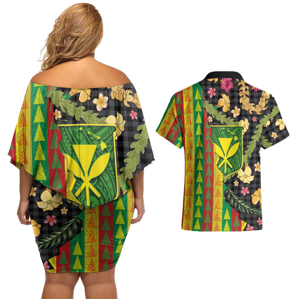 Hawaiian Tropical Plants Lei Couples Matching Off Shoulder Short Dress and Hawaiian Shirt Kanaka Maoli Tribal with Palaka Motifs LT03 - Polynesian Pride
