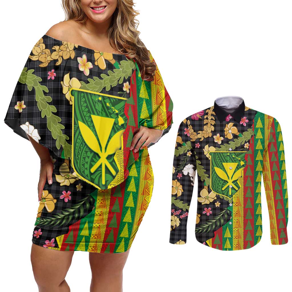 Hawaiian Tropical Plants Lei Couples Matching Off Shoulder Short Dress and Long Sleeve Button Shirt Kanaka Maoli Tribal with Palaka Motifs LT03 Multicolor - Polynesian Pride