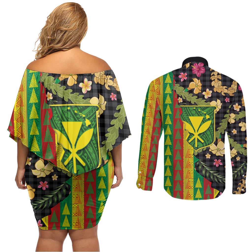Hawaiian Tropical Plants Lei Couples Matching Off Shoulder Short Dress and Long Sleeve Button Shirt Kanaka Maoli Tribal with Palaka Motifs LT03 - Polynesian Pride