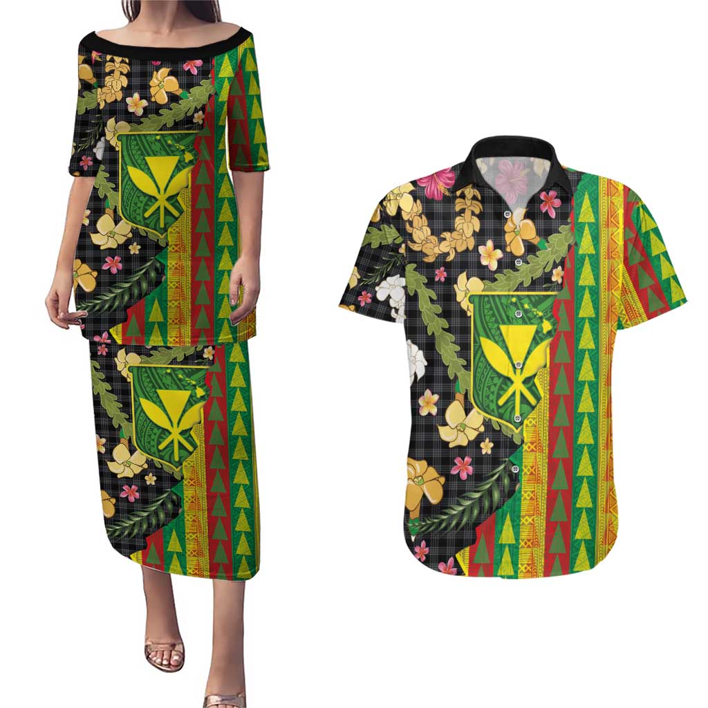 Hawaiian Tropical Plants Lei Couples Matching Puletasi and Hawaiian Shirt Kanaka Maoli Tribal with Palaka Motifs LT03 Multicolor - Polynesian Pride