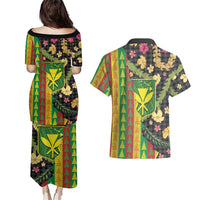 Hawaiian Tropical Plants Lei Couples Matching Puletasi and Hawaiian Shirt Kanaka Maoli Tribal with Palaka Motifs LT03 - Polynesian Pride