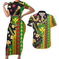 Hawaiian Tropical Plants Lei Couples Matching Short Sleeve Bodycon Dress and Hawaiian Shirt Kanaka Maoli Tribal with Palaka Motifs LT03 Multicolor - Polynesian Pride
