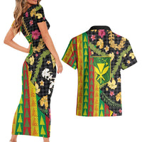Hawaiian Tropical Plants Lei Couples Matching Short Sleeve Bodycon Dress and Hawaiian Shirt Kanaka Maoli Tribal with Palaka Motifs LT03 - Polynesian Pride