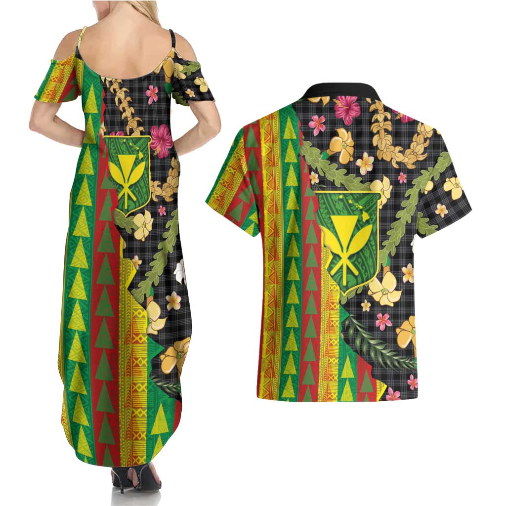 Hawaiian Tropical Plants Lei Couples Matching Summer Maxi Dress and Hawaiian Shirt Kanaka Maoli Tribal with Palaka Motifs LT03 - Polynesian Pride