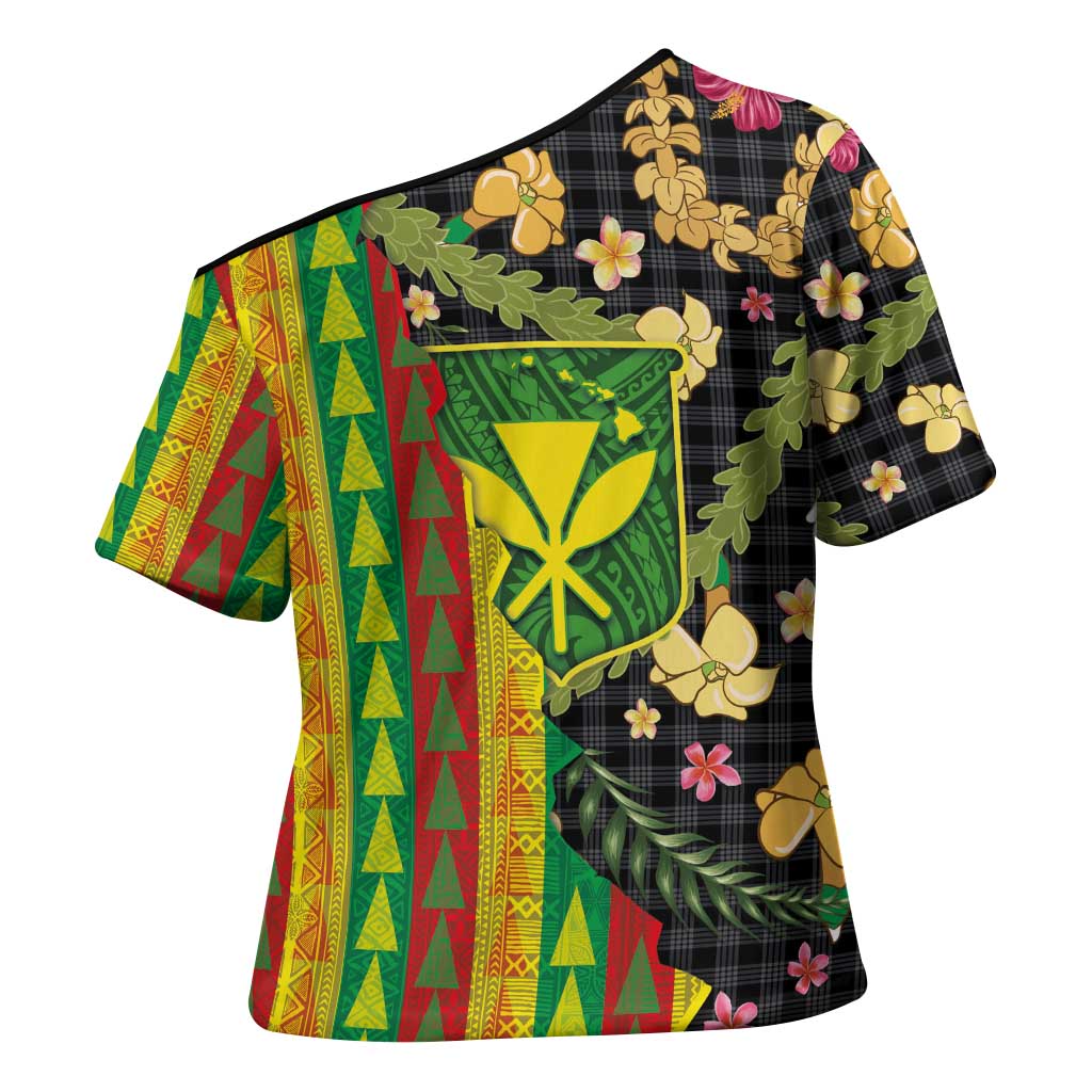 Hawaiian Tropical Plants Lei Cross Shoulder Shirt Kanaka Maoli Tribal with Palaka Motifs LT03 - Polynesian Pride