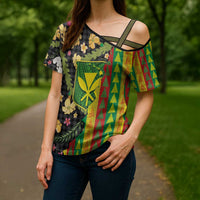 Hawaiian Tropical Plants Lei Cross Shoulder Shirt Kanaka Maoli Tribal with Palaka Motifs LT03 - Polynesian Pride