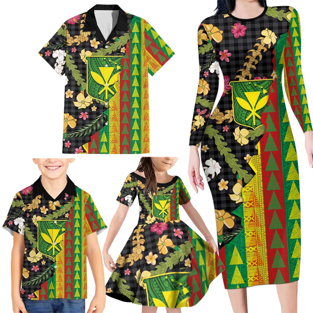 Hawaiian Tropical Plants Lei Family Matching Long Sleeve Bodycon Dress and Hawaiian Shirt Kanaka Maoli Tribal with Palaka Motifs - Polynesian Pride