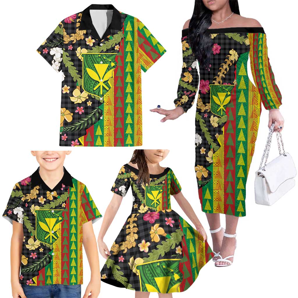 Hawaiian Tropical Plants Lei Family Matching Off The Shoulder Long Sleeve Dress and Hawaiian Shirt Kanaka Maoli Tribal with Palaka Motifs LT03 - Polynesian Pride