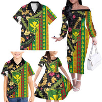 Hawaiian Tropical Plants Lei Family Matching Off The Shoulder Long Sleeve Dress and Hawaiian Shirt Kanaka Maoli Tribal with Palaka Motifs LT03 - Polynesian Pride