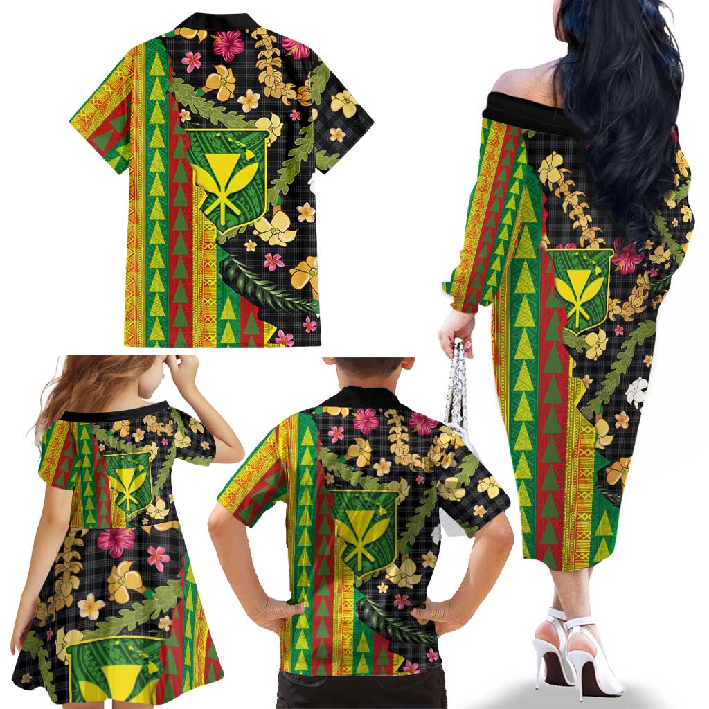 Hawaiian Tropical Plants Lei Family Matching Off The Shoulder Long Sleeve Dress and Hawaiian Shirt Kanaka Maoli Tribal with Palaka Motifs LT03 - Polynesian Pride