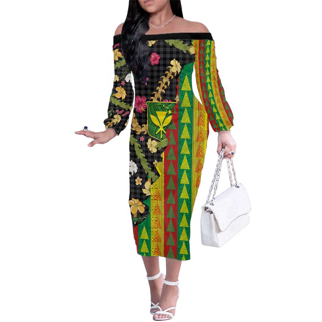 Hawaiian Tropical Plants Lei Family Matching Off The Shoulder Long Sleeve Dress and Hawaiian Shirt Kanaka Maoli Tribal with Palaka Motifs LT03 Mom's Dress Multicolor - Polynesian Pride