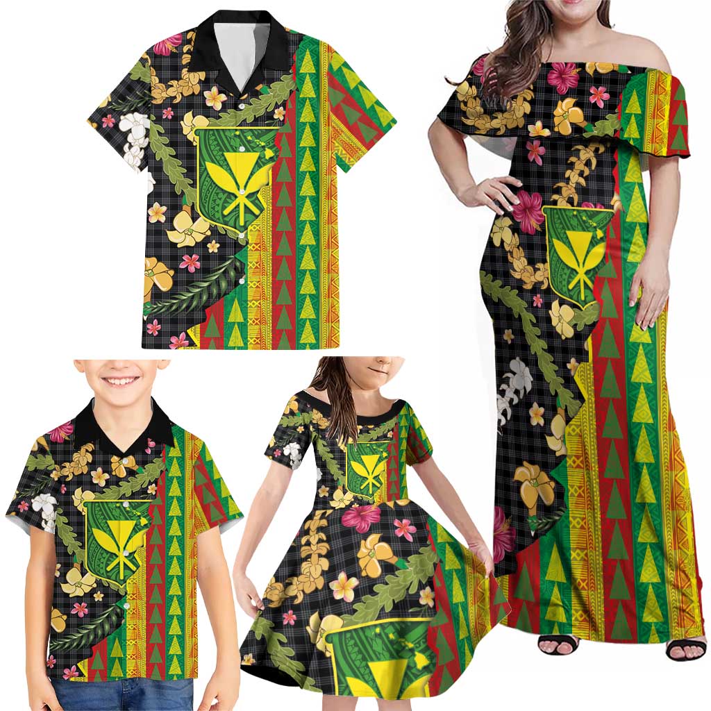 Hawaiian Tropical Plants Lei Family Matching Off Shoulder Maxi Dress and Hawaiian Shirt Kanaka Maoli Tribal with Palaka Motifs - Polynesian Pride