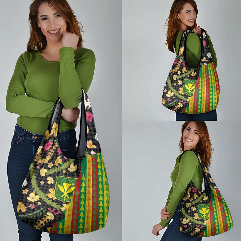 Hawaiian Tropical Plants Lei Grocery Bag Kanaka Maoli Tribal with Palaka Motifs - Polynesian Pride