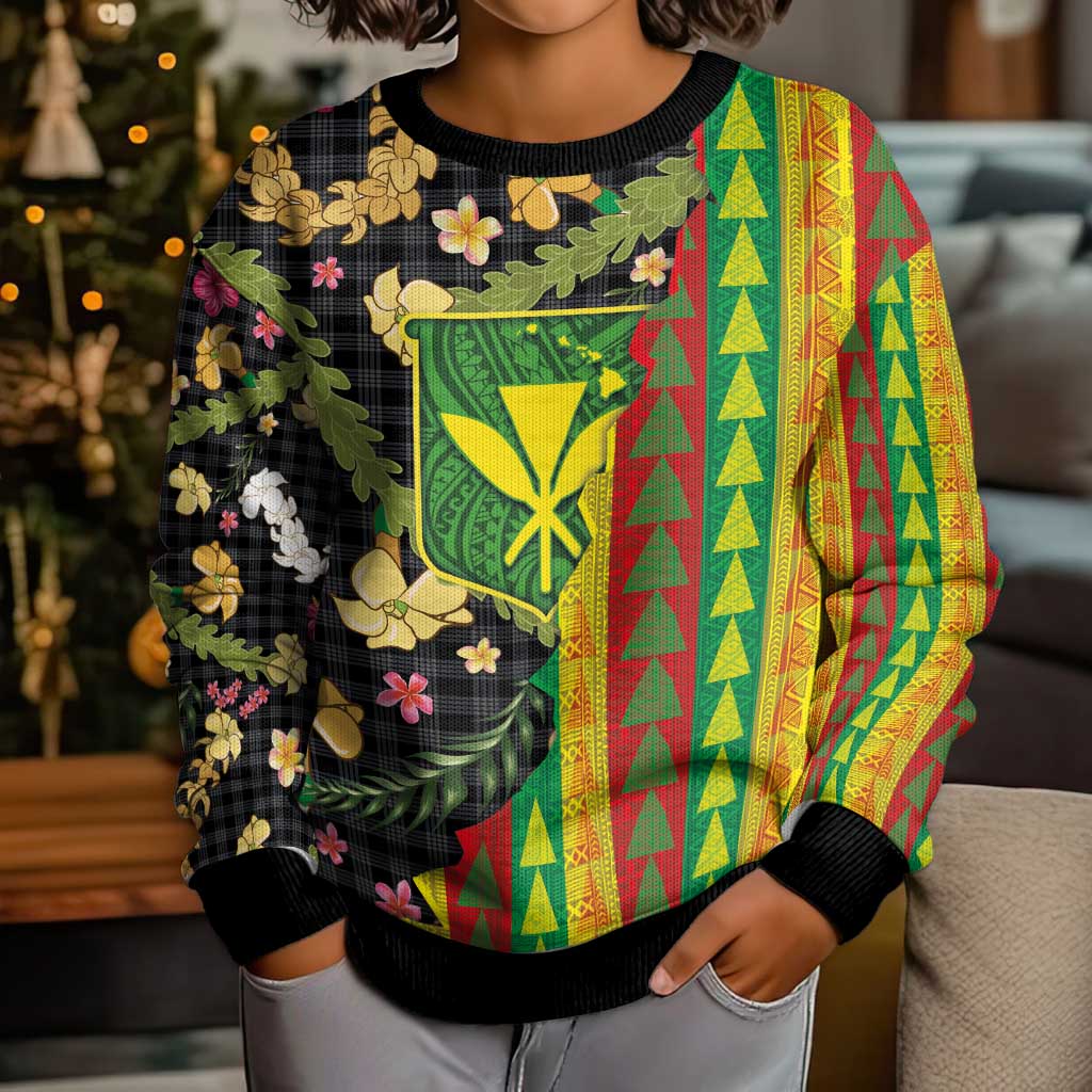 Hawaiian Tropical Plants Lei Kid Ugly Christmas Sweater Kanaka Maoli Tribal with Palaka Motifs LT03 - Polynesian Pride